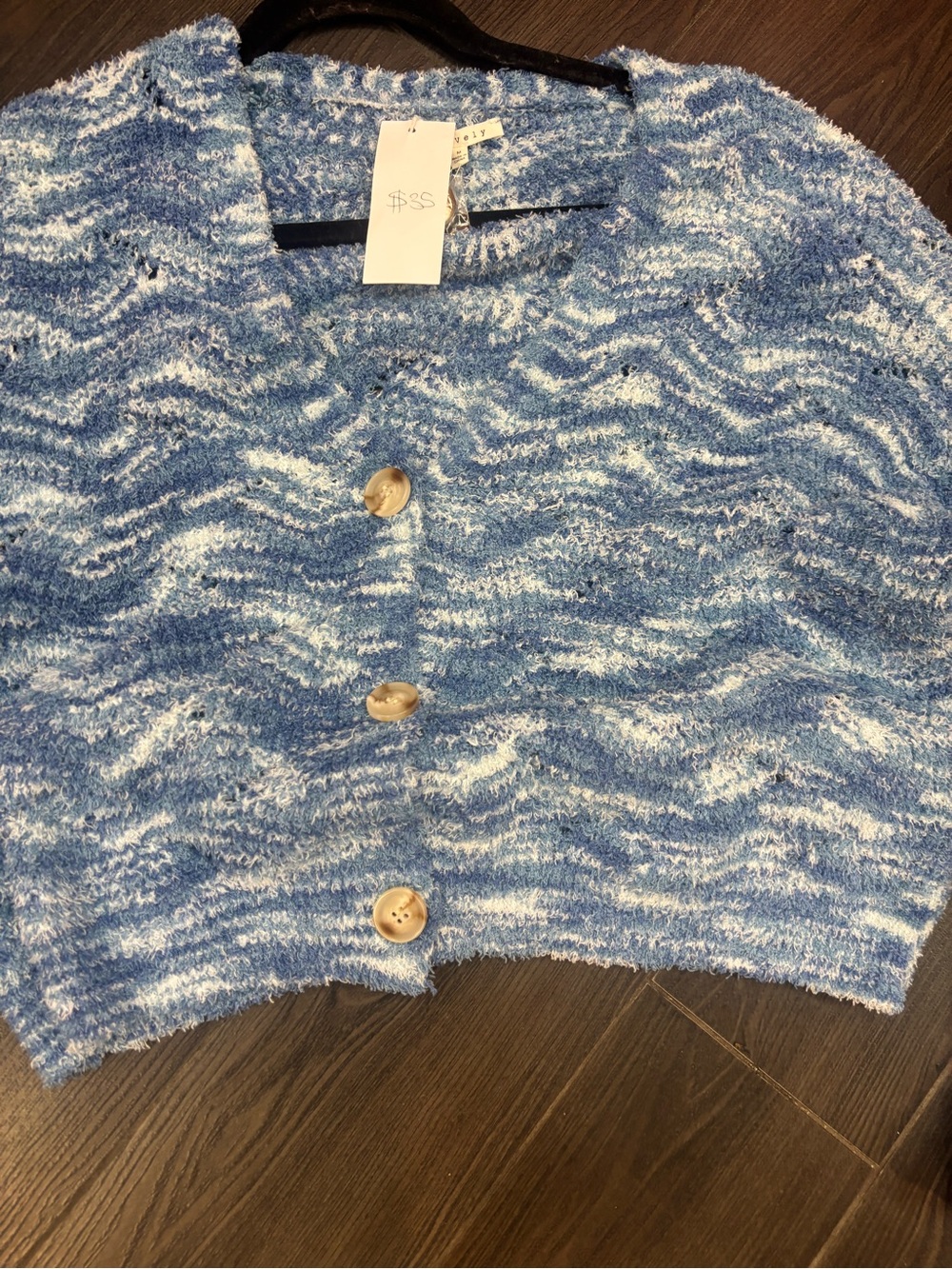 Blue Marled Cropped Button-Front Sweater - Picture 2 of 4